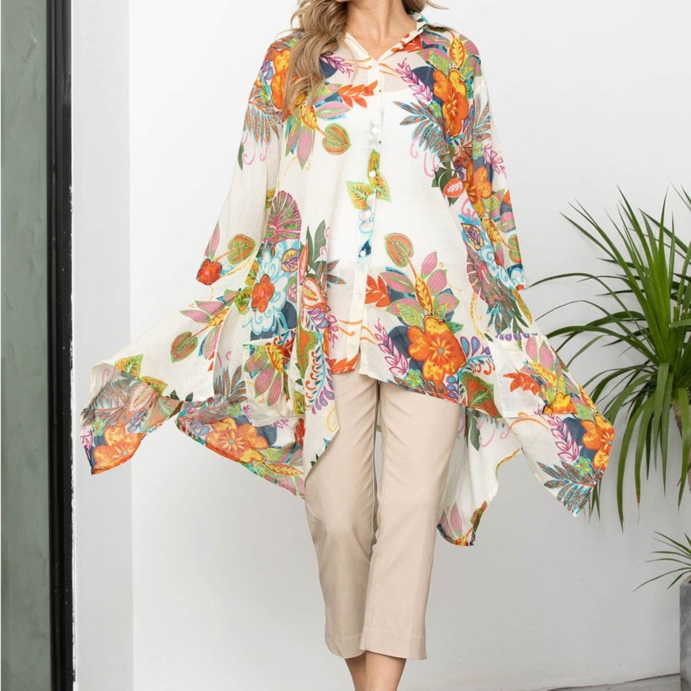 Orange Fashion Village Floral Tunic - White with Blue Green, Orange & Pink NWT - Picture 12 of 12